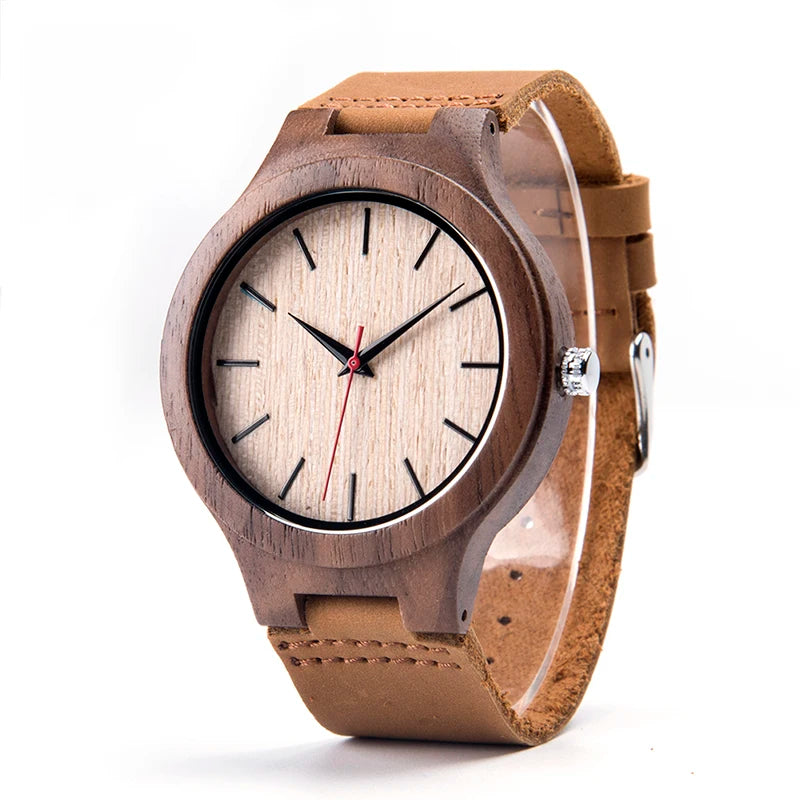 Mens Wooden Face Watch With Leather Wristband - Simple Rustic Timepiece