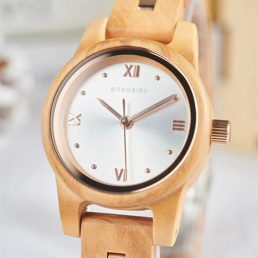 Women's Round Face Wooden Watch Fashion Quartz Watch for Ladies With Paper Gift Box