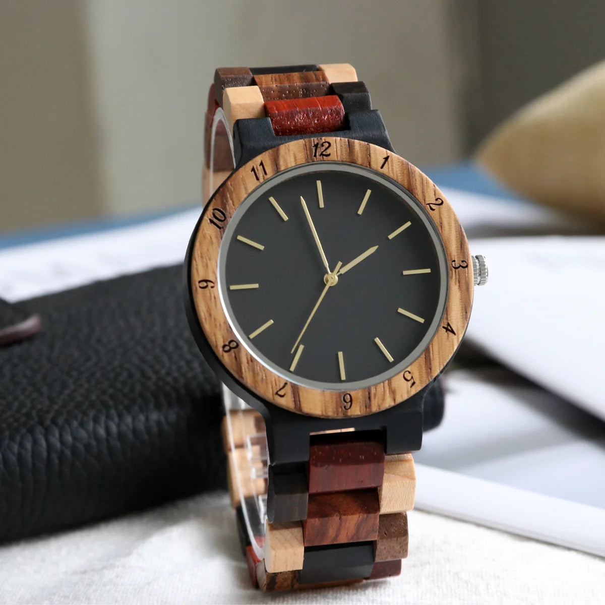 Unisex Multicolored Wooden Wristwatch For Men & Women - Classic Analog Dress Watch With Quartz Movement