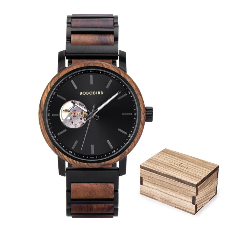 Men's Automatic Watch - Wood & Stainless Steel Combined - Mechanical Movement Self-Winding Wristwatch
