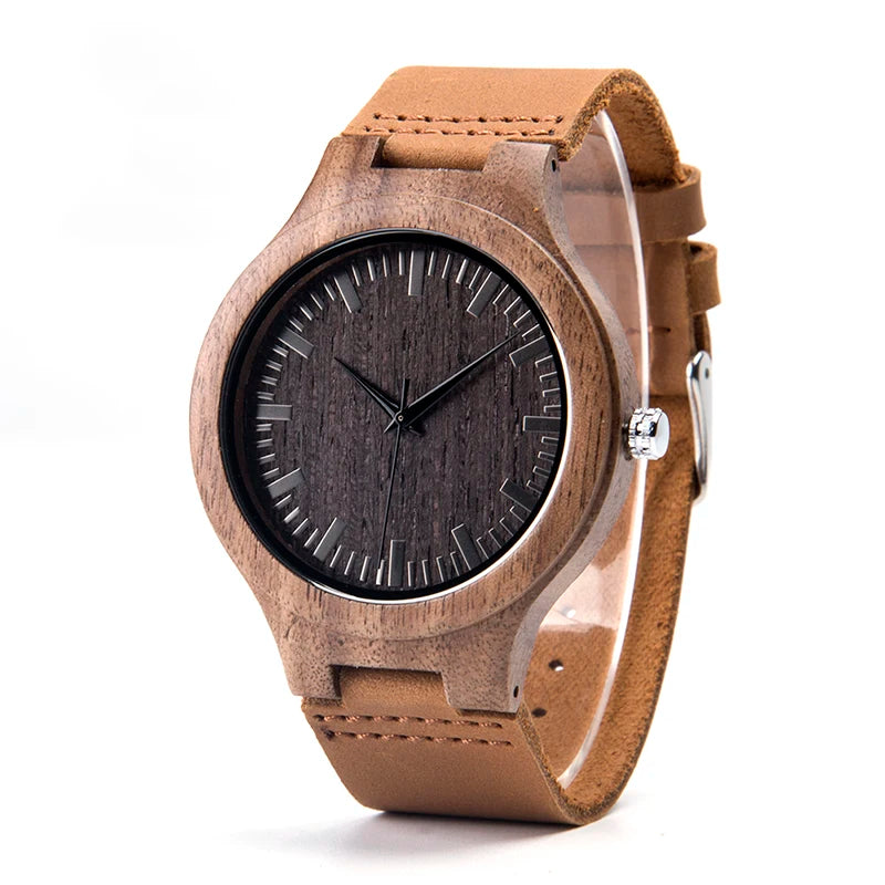 Mens Wooden Face Watch With Leather Wristband - Simple Rustic Timepiece