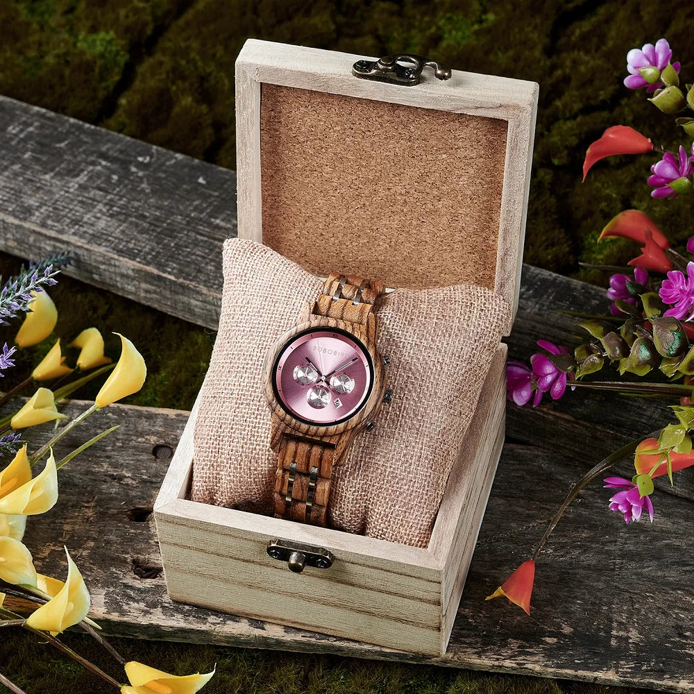 Wooden Women's Watch with 3 Sub Dials Chronograph