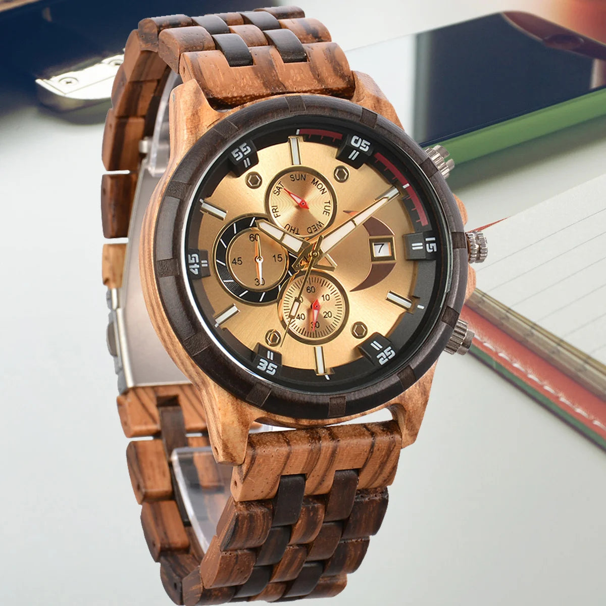 Men’s Sports Fashion Wooden Watch - Chronographic Analog Face With Luminous Hands