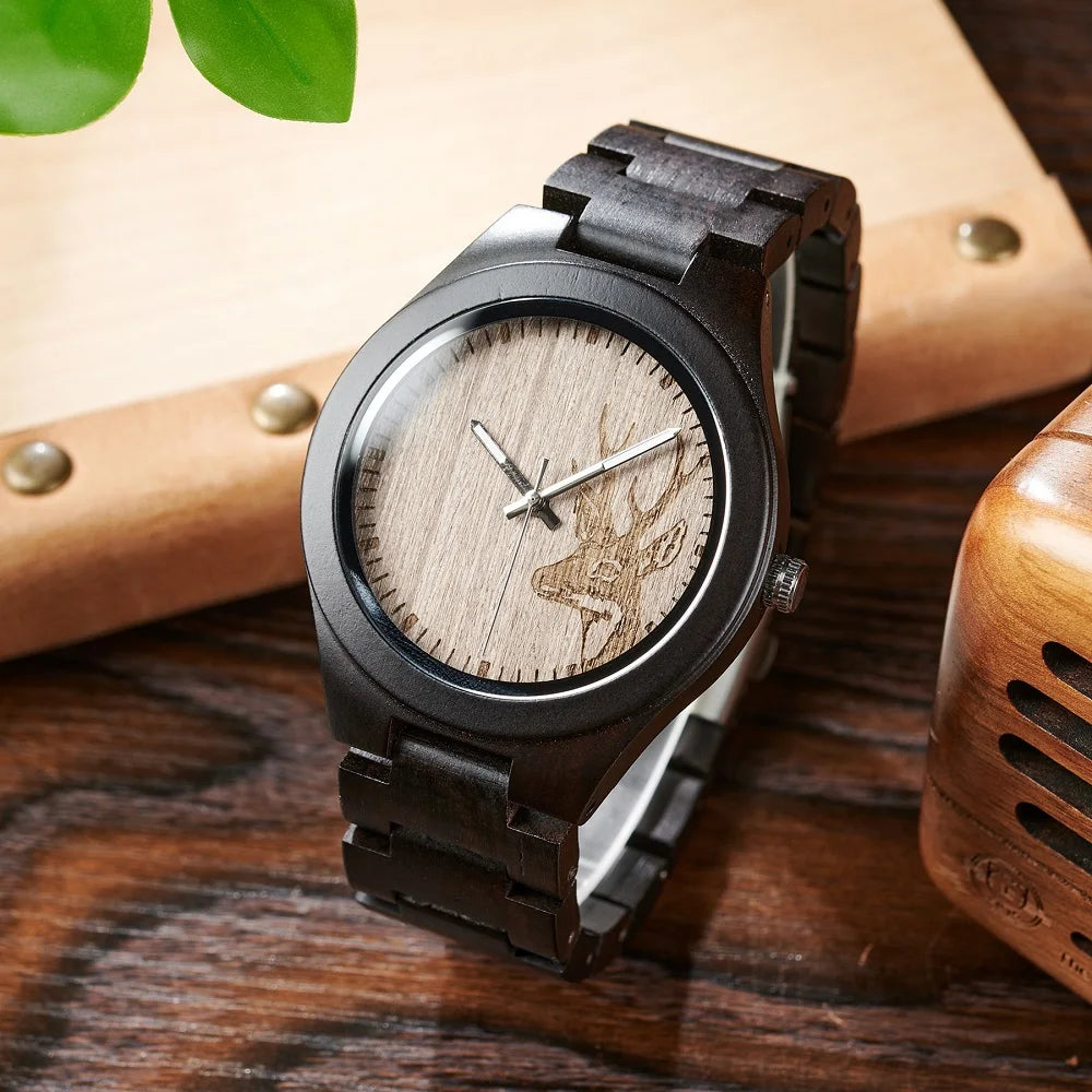 Men's Wooden Watch for Casual Dress - Wrist Watch with Ebony Wood and Analog Face