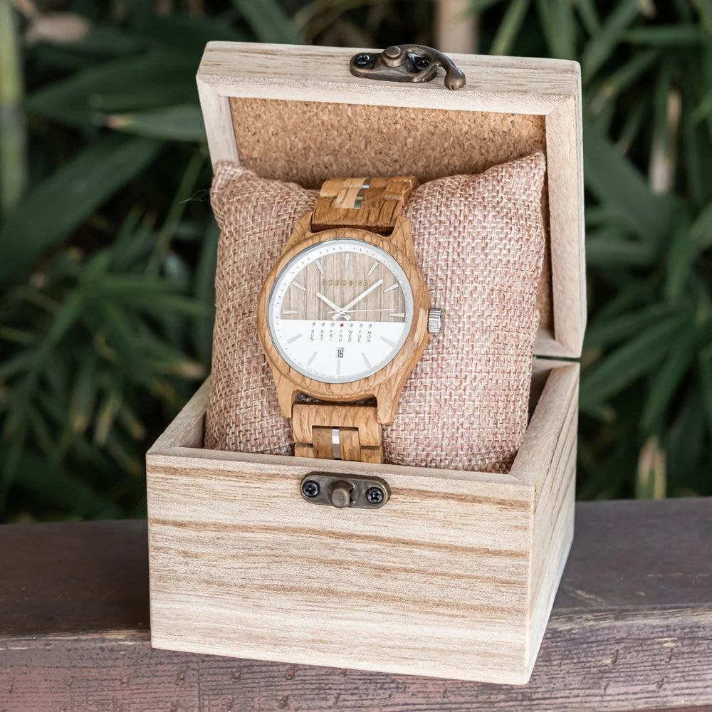 Men's Wooden Wooden Wristwatch - Quartz Movement with Week & Date Display Calendar