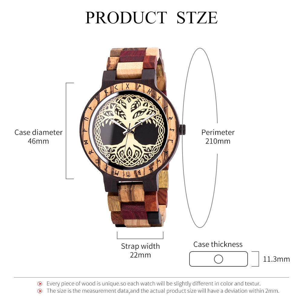 Men's Handmade Wooden Wristwatch - Viking Style Carved Round Face - Quartz Movement