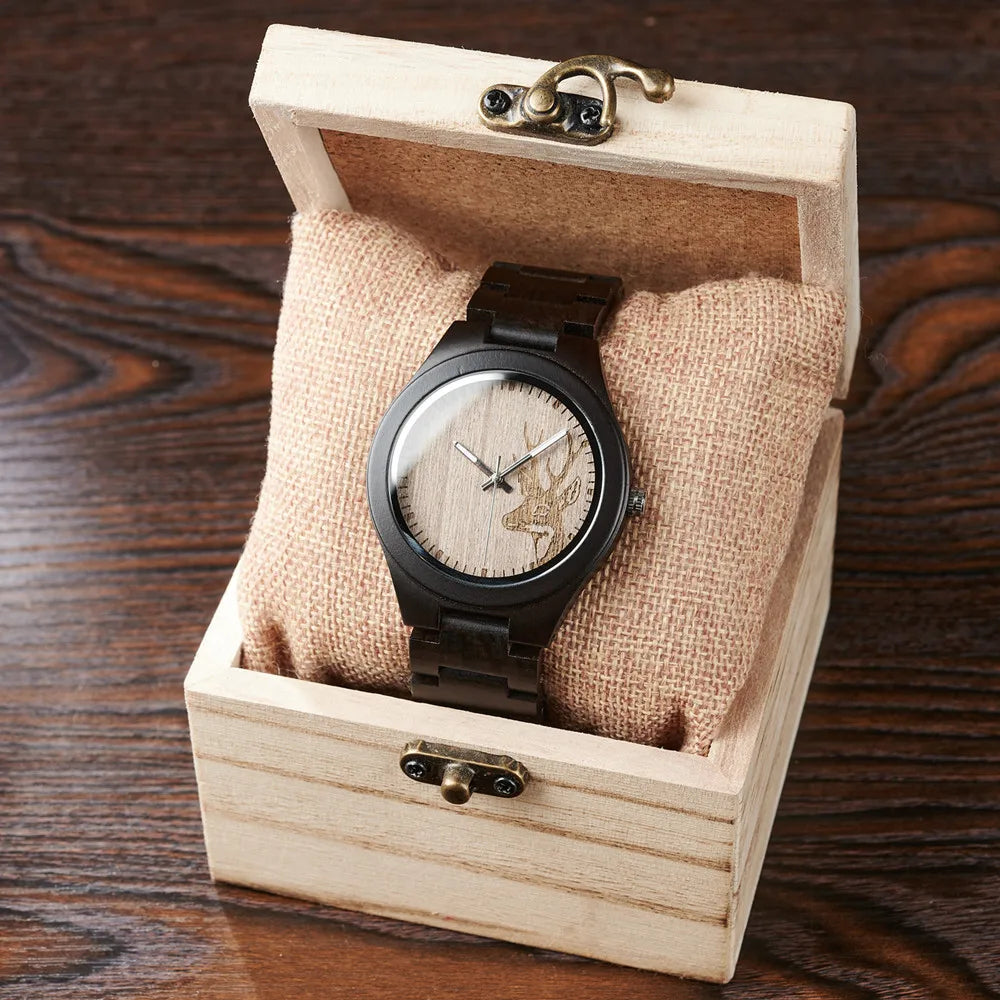 Men's Wooden Watch for Casual Dress - Wrist Watch with Ebony Wood and Analog Face