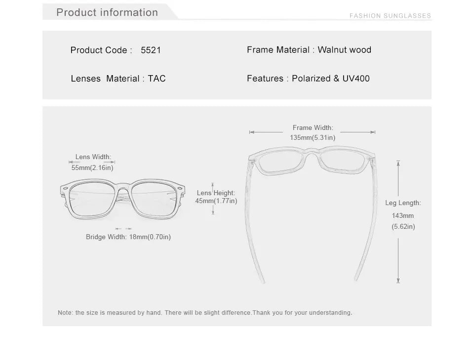 Classic Unisex Walnut Sunglasses For Women Or Men - Polarized UV400 Square Wooden Frame Fashion Glasses