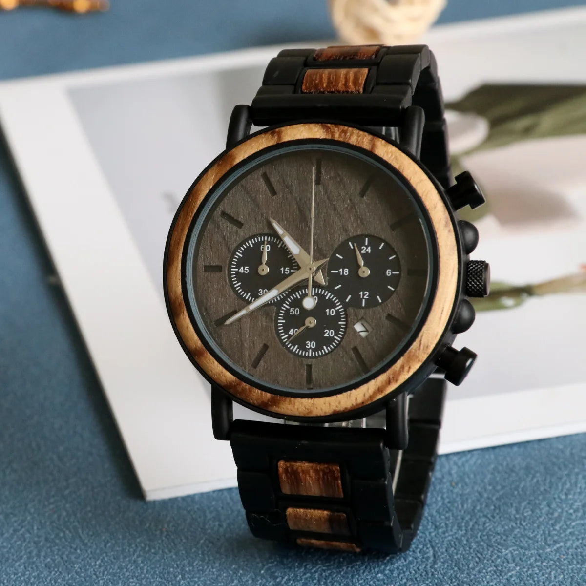 Men's Wooden Watch - Chronographic Stylish Quartz Movement with Luminous Hands