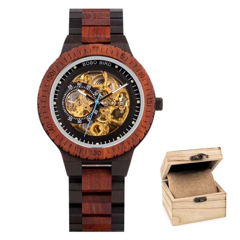 Men's Automatic Wooden Watch - Self-Wind Mechanical Skeleton Wristwatch