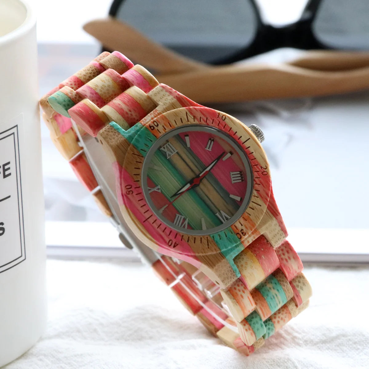 Women's Multicolor Natural Bamboo Wooden Watch - Classic Quartz Movement Analog Wristwatch for Ladies