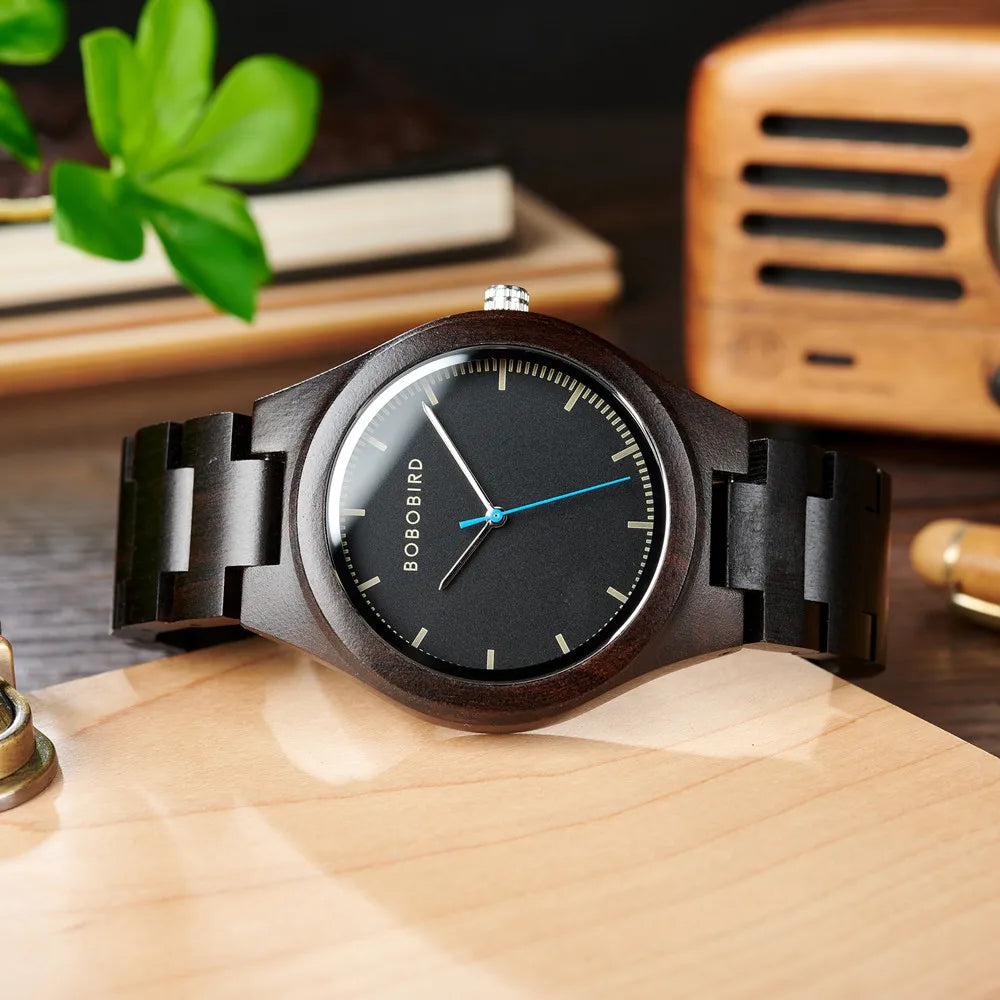 Men's Wooden Watch for Casual Dress - Wrist Watch with Ebony Wood and Analog Face