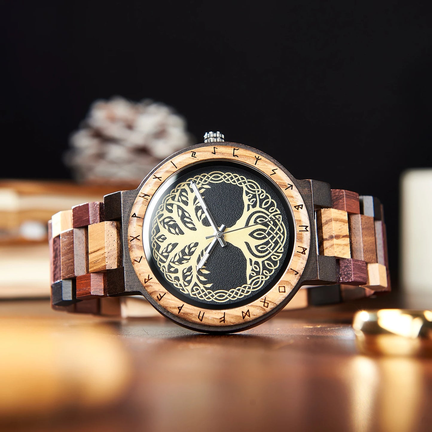 Men's Wooden Wristwatch - Viking Face Style - Gift Idea for Men
