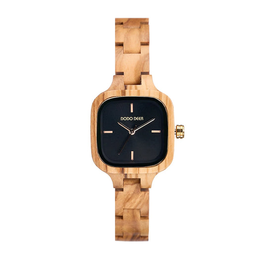 Women’s Wooden Quartz Wristwatch With Square Face - Black Numberless Analog Display