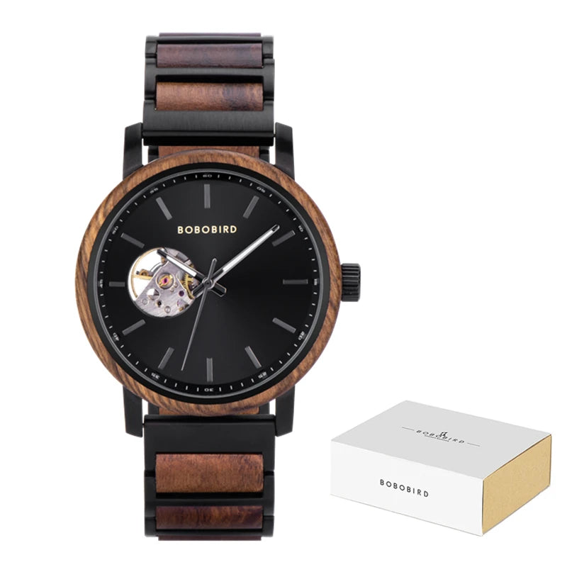 Men's Automatic Watch - Wood & Stainless Steel Combined - Mechanical Movement Self-Winding Wristwatch