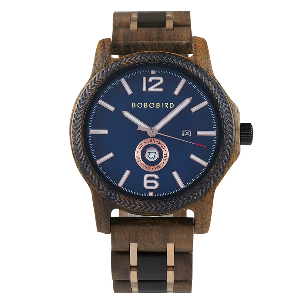 Mens Wooden Watch - Analog Watch for Men With Gift Box - Round Face Quartz Movement