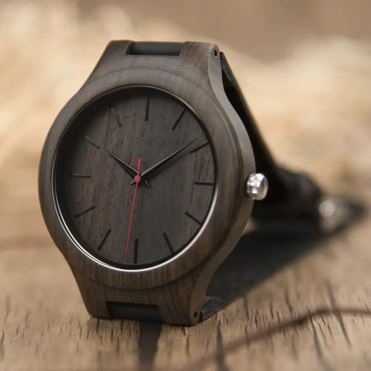 Men’s Wooden Watch With Round Analog Face - Quartz Movement Chocolate Colored Wooden Body