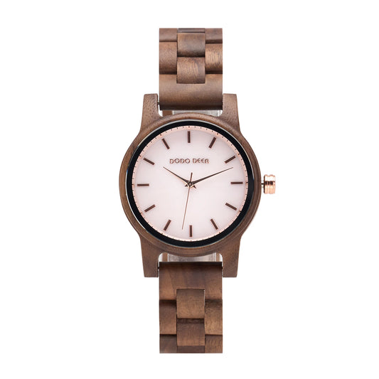 Women’s Simple Quartz Wooden Wristwatch - Classic Analog Display With Round Face