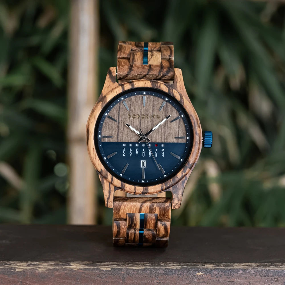 Men's Wooden Wooden Wristwatch - Quartz Movement with Week & Date Display Calendar