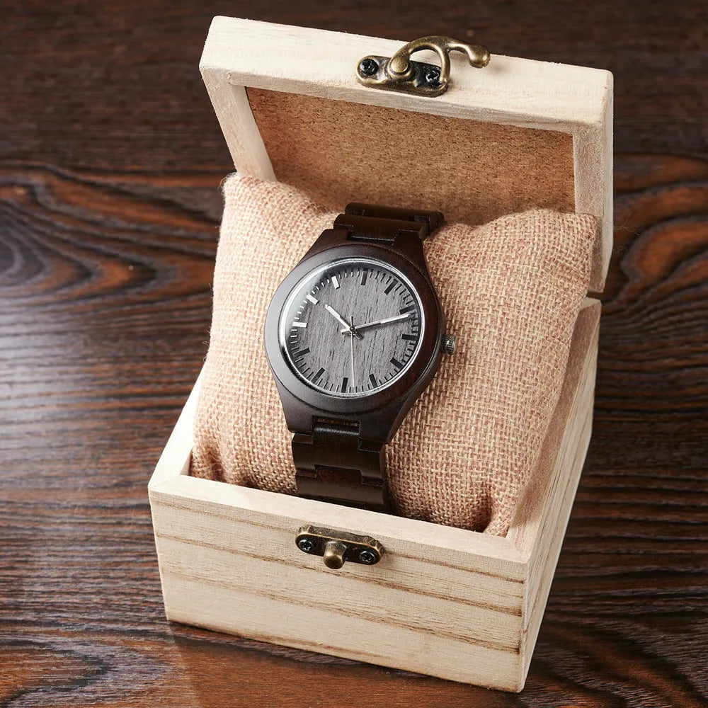 Men's Wooden Watch for Casual Dress - Wrist Watch with Ebony Wood and Analog Face