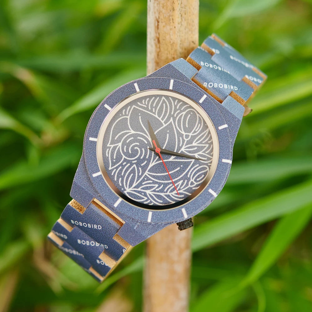 Men's Bamboo Wooden Watch with Pattern - Quartz Movement Pattern Printed Colorful Wristwatch