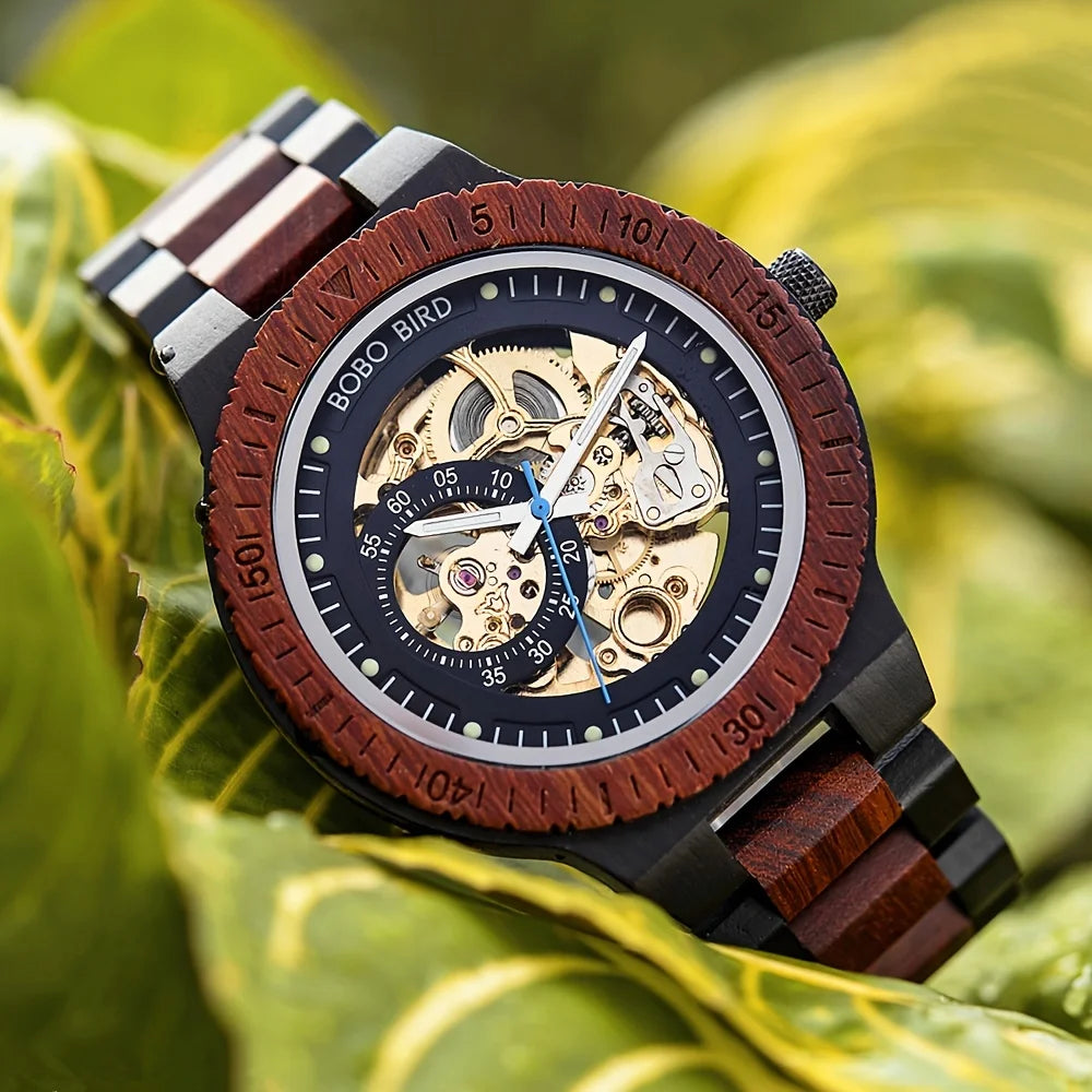 Men's Automatic Wooden Watch - Self-Wind Mechanical Skeleton Wristwatch