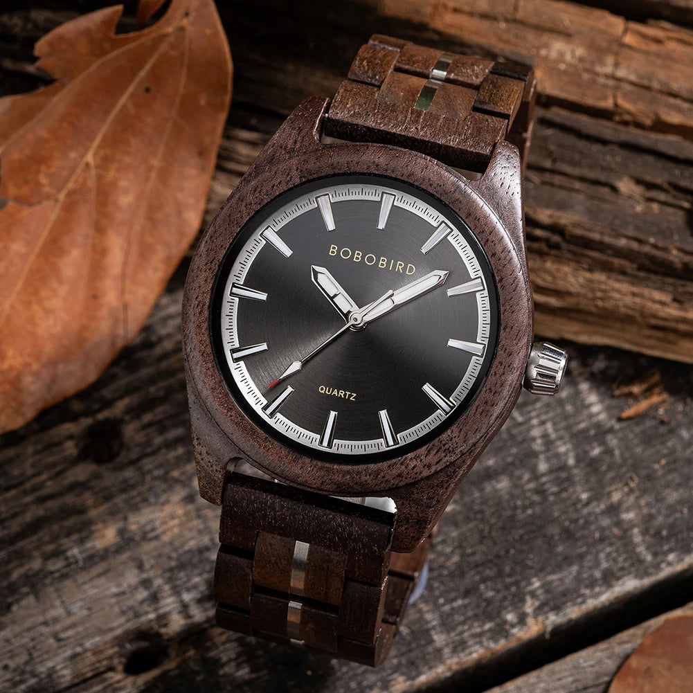 Classic Analog Men's Watch - Wooden Bracelet And Face With Luminous Hands