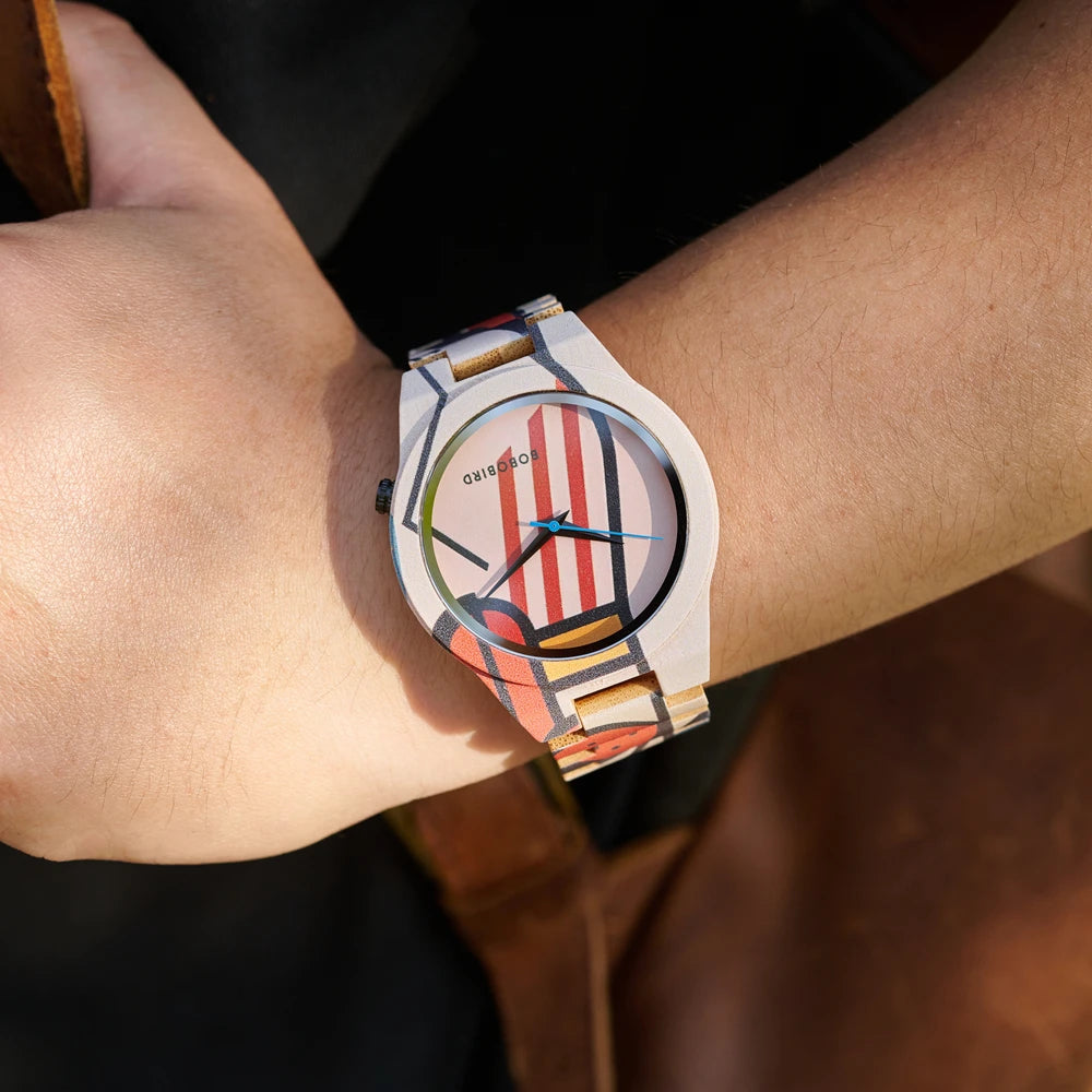 Men's Bamboo Wooden Watch with Pattern - Quartz Movement Pattern Printed Colorful Wristwatch