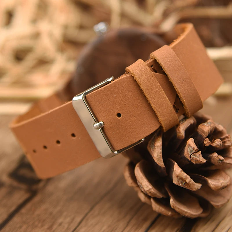Wooden Unisex Wrist Watches - Classic Analog Quartz Movement With Tan Leather Band