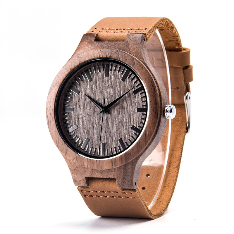Wooden Unisex Wrist Watches - Classic Analog Quartz Movement With Tan Leather Band