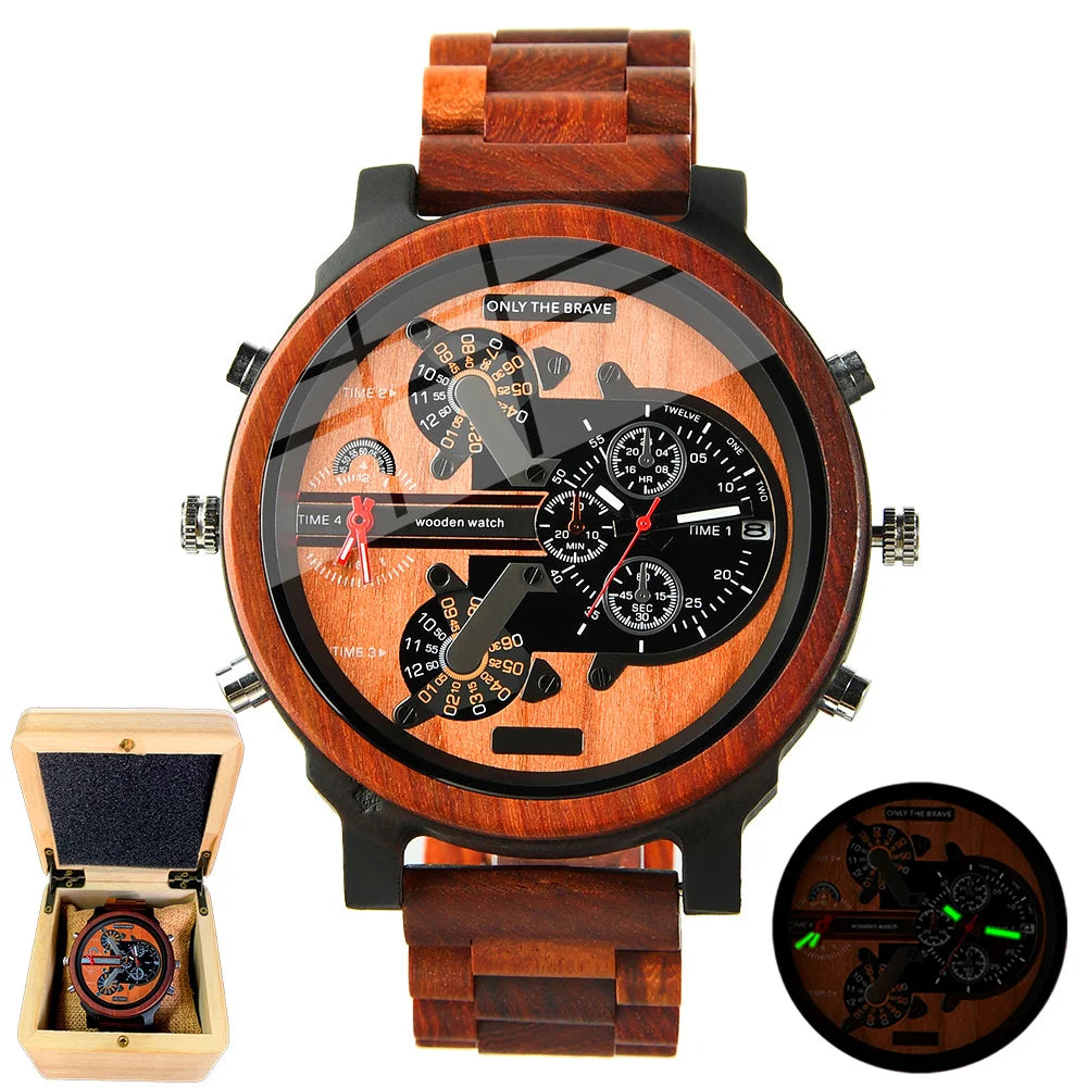 Chronographic Men’s Wooden Sports Watch - Luminous Hands With Large Face - Quartz Movement & Analog Time