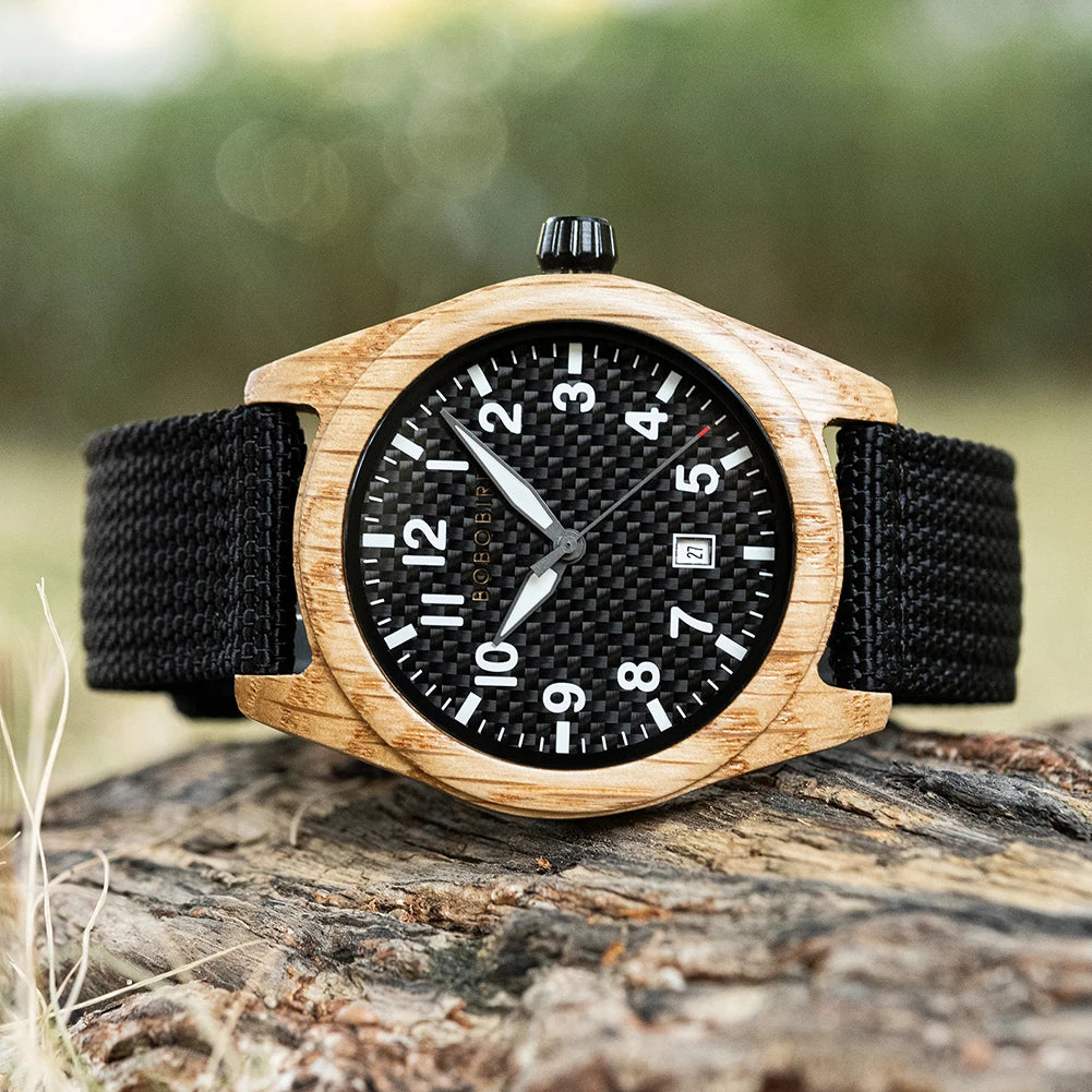 Men's Wooden Watch with Nylon Strap - Casual Wristwatch for Men - Quartz Movement & Analog Display