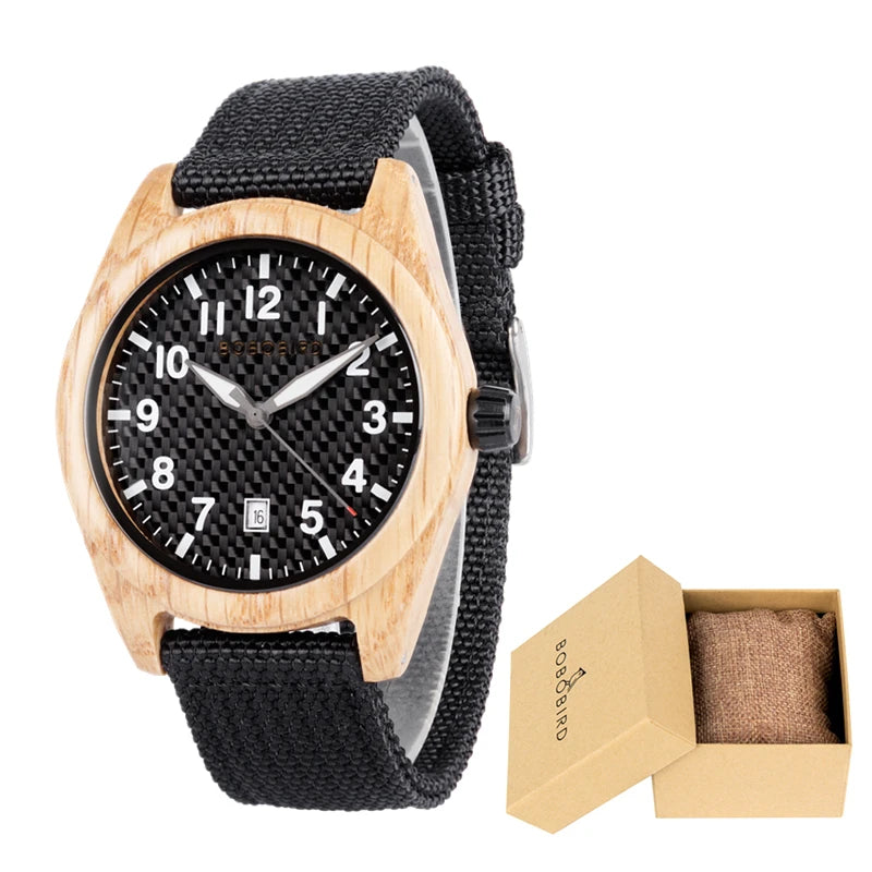 Vintage Mens Wooden Watch - Nylon Strap Casual Wristwatch for Men