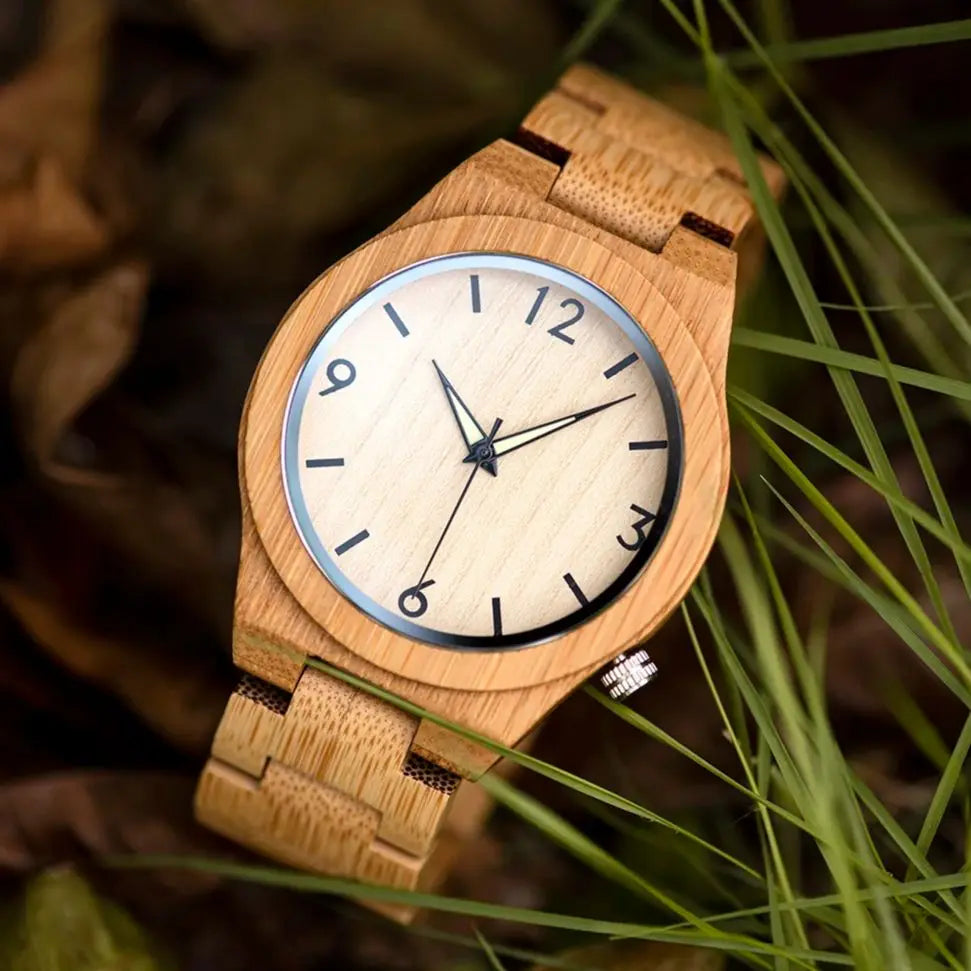 Simple Bamboo Men's Watch with Gift Box - Round Face - Quartz Movement