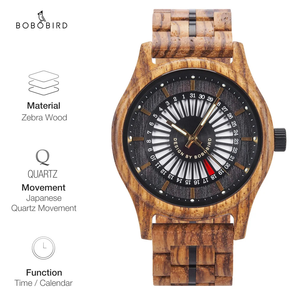 Unique Men's Wooden Watch Design - Chronographic Date Display On Face Wristwatch for Men