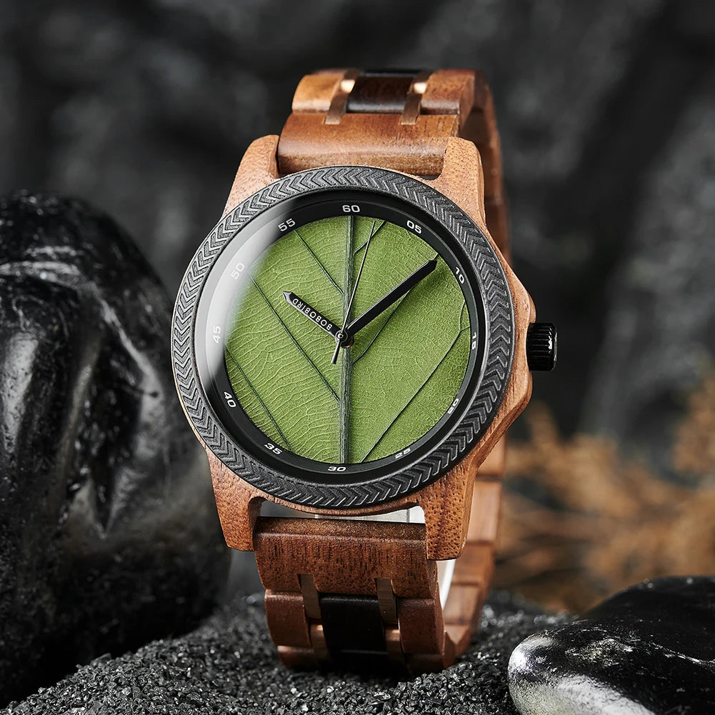 Men's Unique Leaf Dial Design Wooden Wristwatch - Quartz Movement - Analog Display