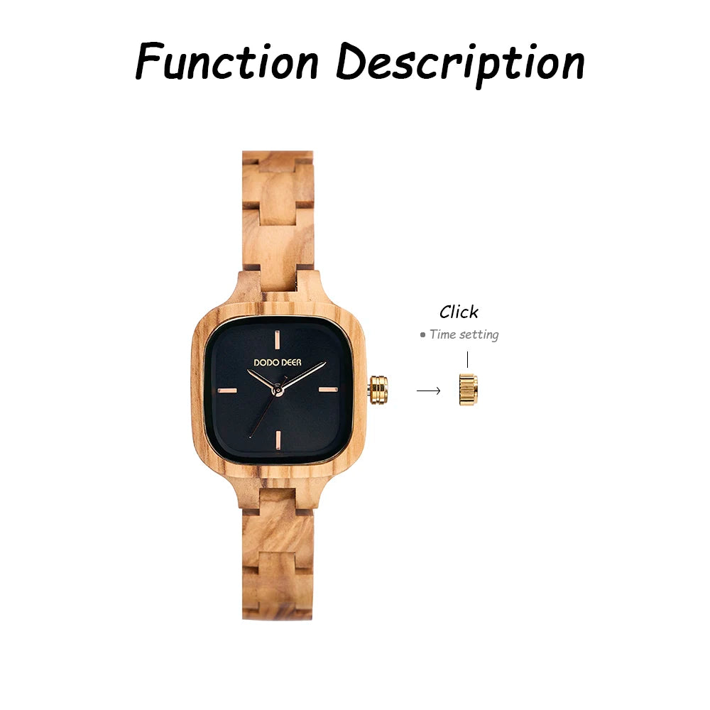 Women’s Wooden Quartz Wristwatch With Square Face - Black Numberless Analog Display
