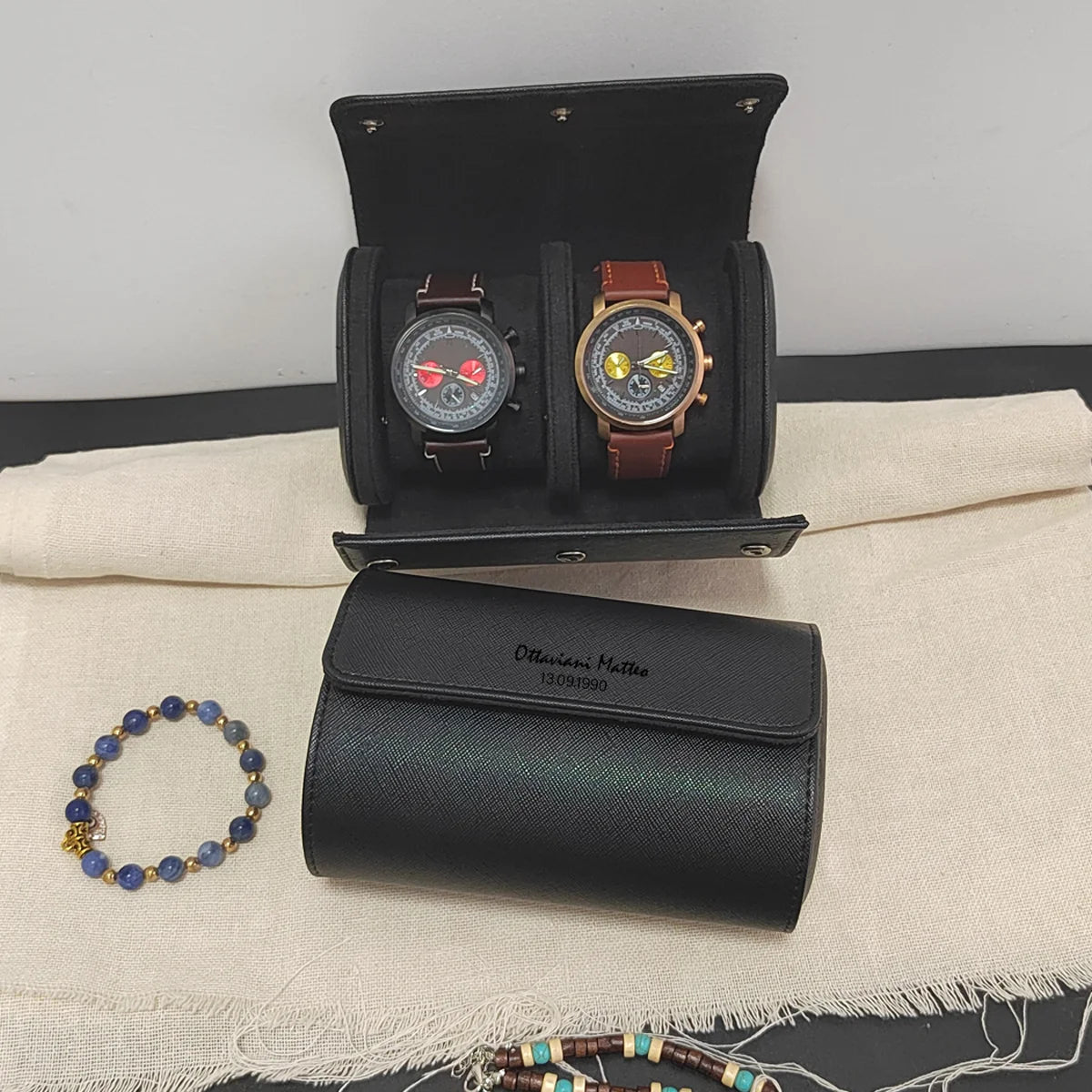 1/2/3-Slot Watch Roll Personalized Leather Travel Case - Custom Watch Case - Watch Storage Box