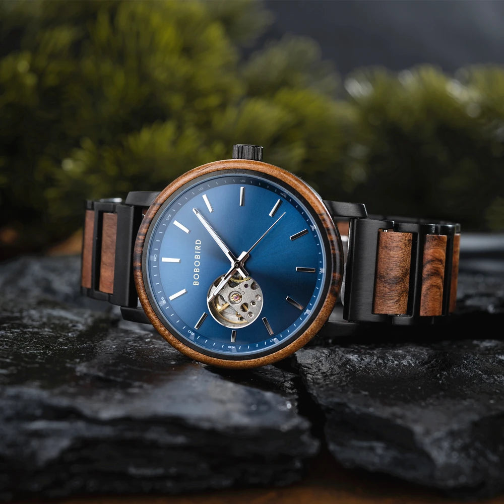 Men's Automatic Watch - Wood & Stainless Steel Combined - Mechanical Movement Self-Winding Wristwatch