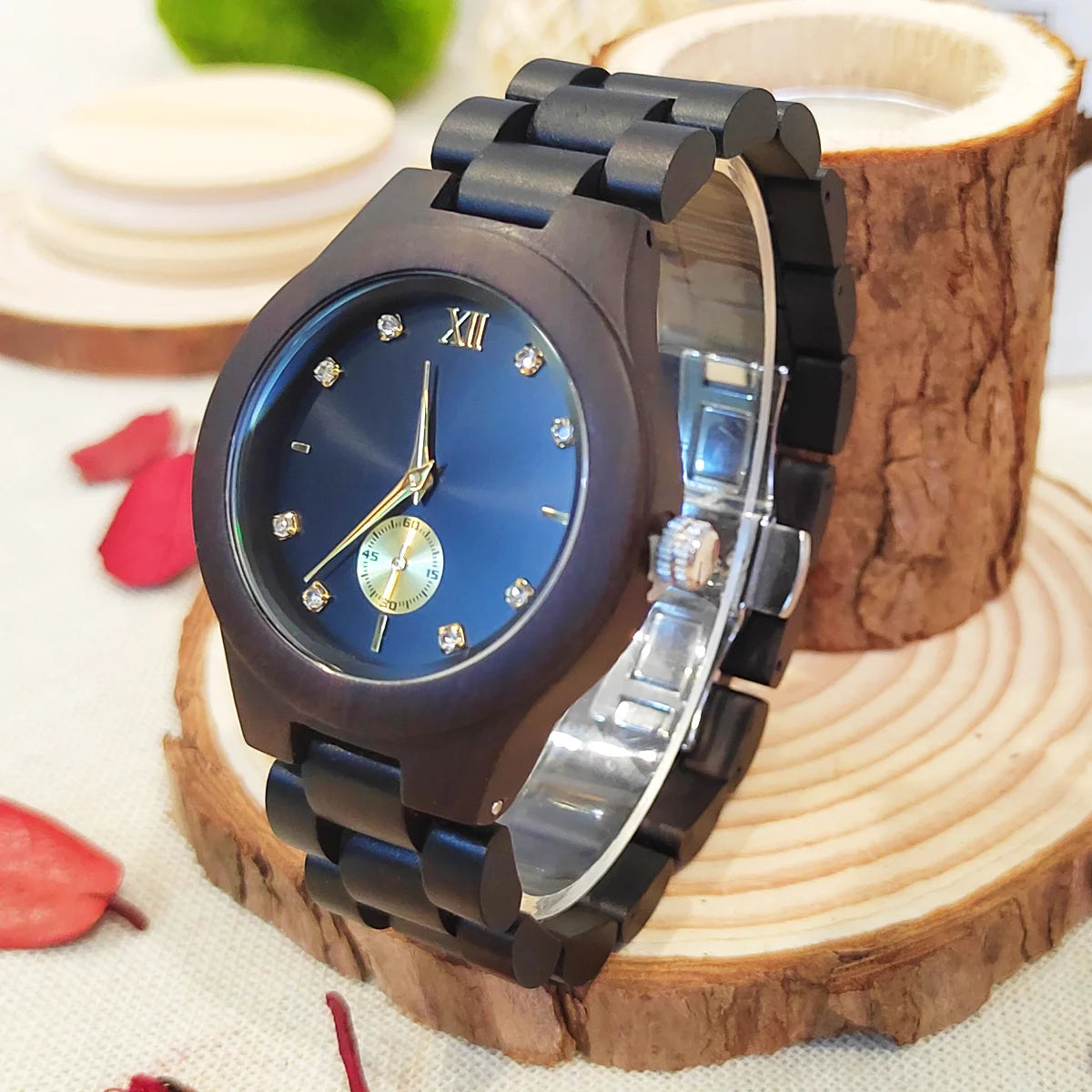Women's Fashionable Wooden Wrist Watch With Simulated Diamond Dial - Quartz Movement & Analog Face