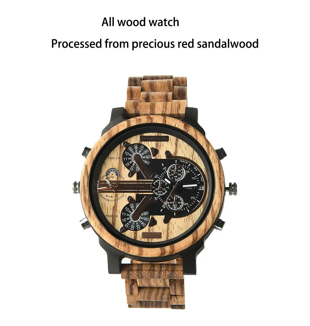 Chronographic Men’s Wooden Sports Watch - Luminous Hands With Large Face - Quartz Movement & Analog Time