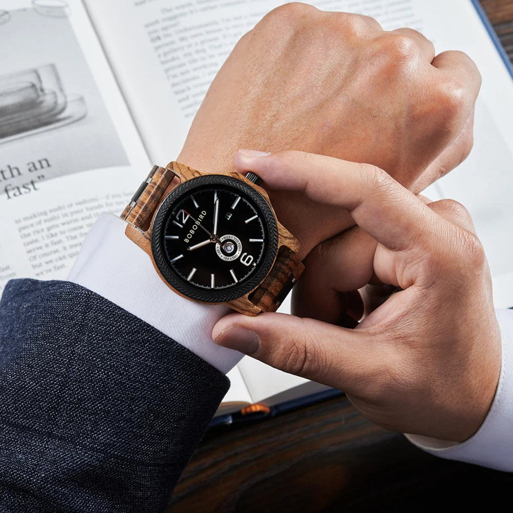 Mens Wooden Watch - Analog Watch for Men With Gift Box - Round Face Quartz Movement