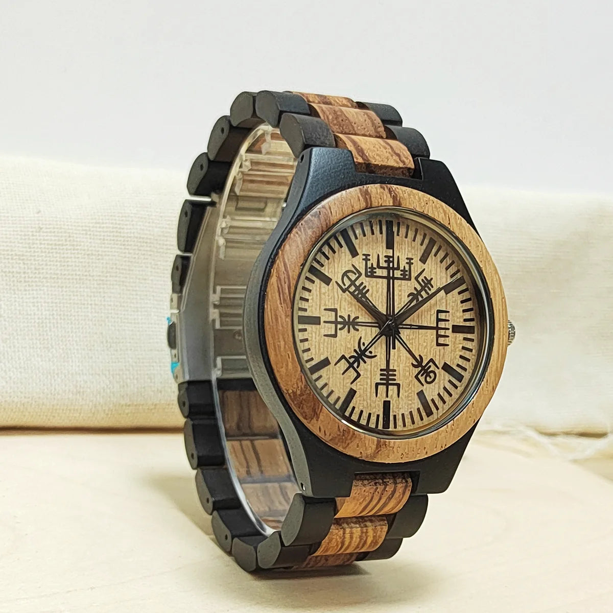 Men’s Analog Wooden Watch With Viking Symbol Face - Classic Quartz Movement