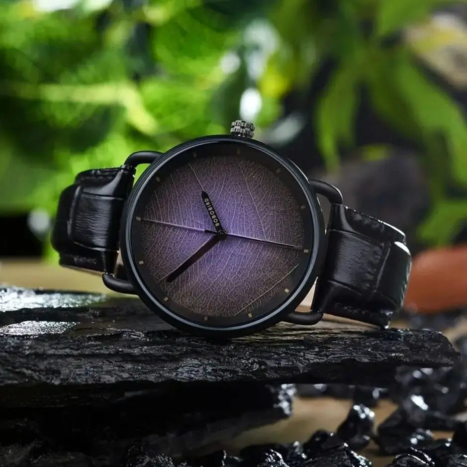 Unisex Wooden Watch With Real Leaf Dial Pattern - Fashion Wristwatch With Genuine Leather Strap For Men or Women