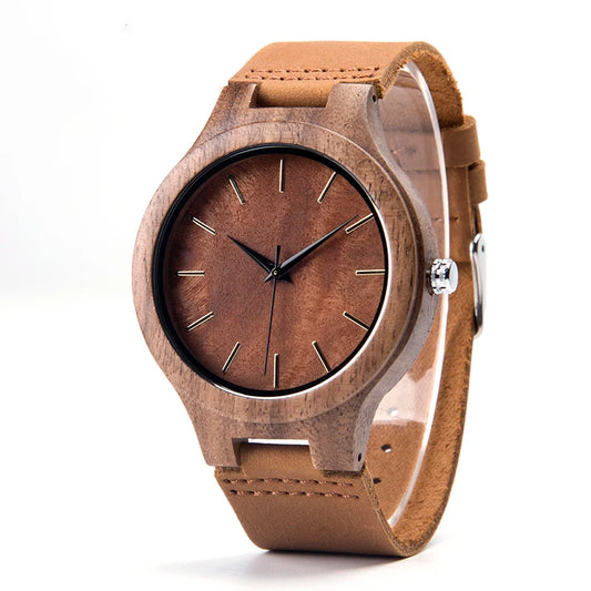 Mens Wooden Face Watch With Leather Wristband - Simple Rustic Timepiece