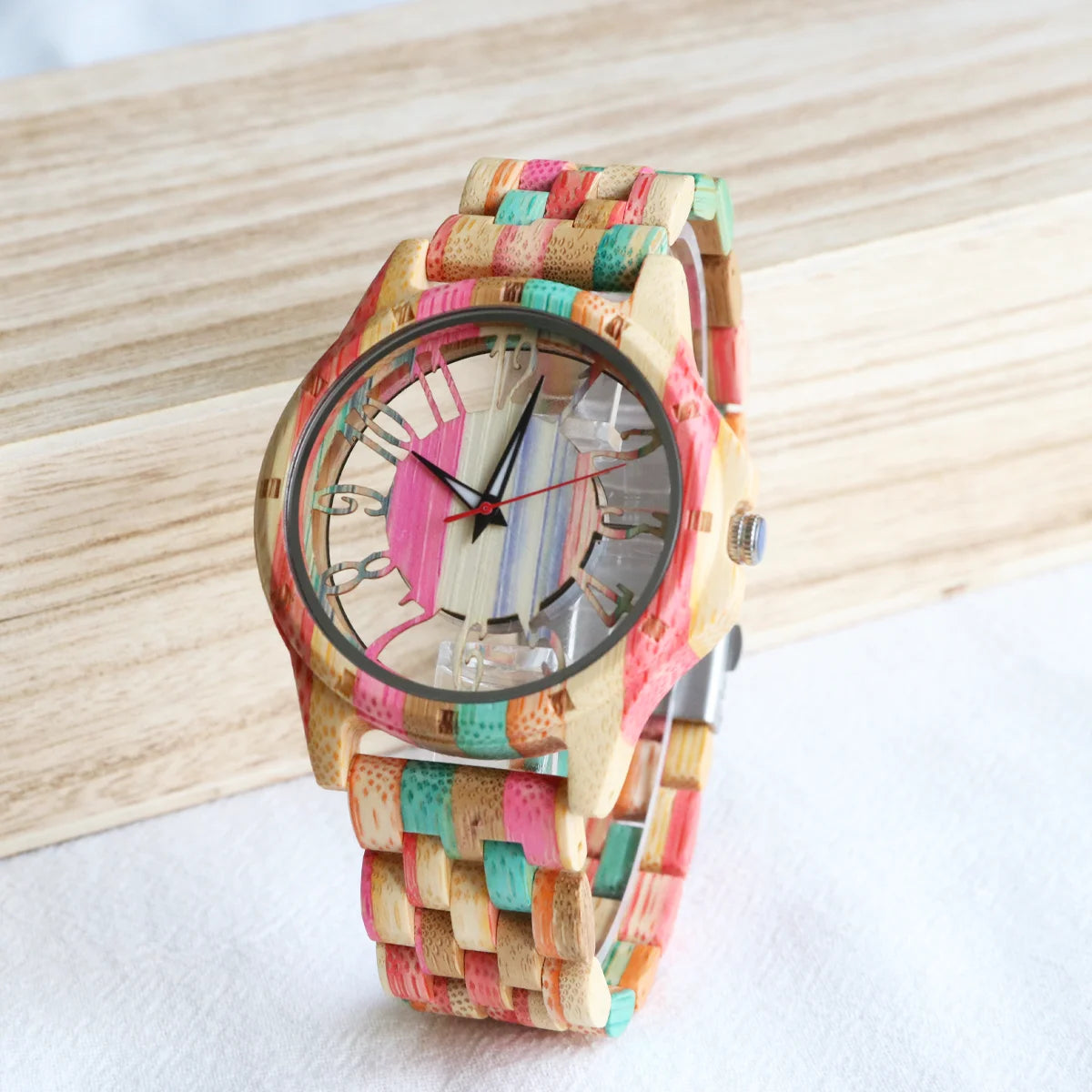 Colorful Unisex Wooden Wristwatch For Men or Women - Quartz Movement And Hollowed Out Classic Analog Face With Traditional Numbers