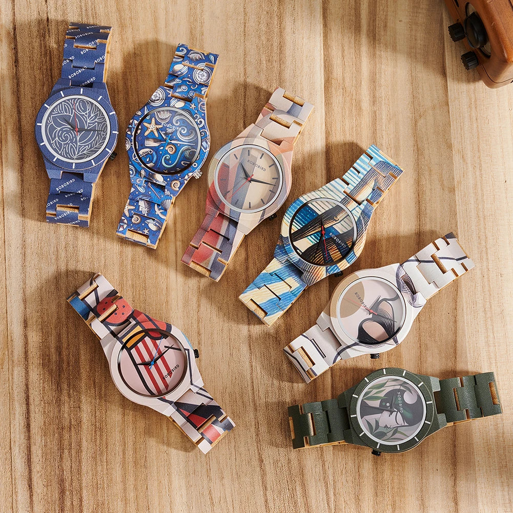 Men's Bamboo Wooden Watch with Pattern - Quartz Movement Pattern Printed Colorful Wristwatch