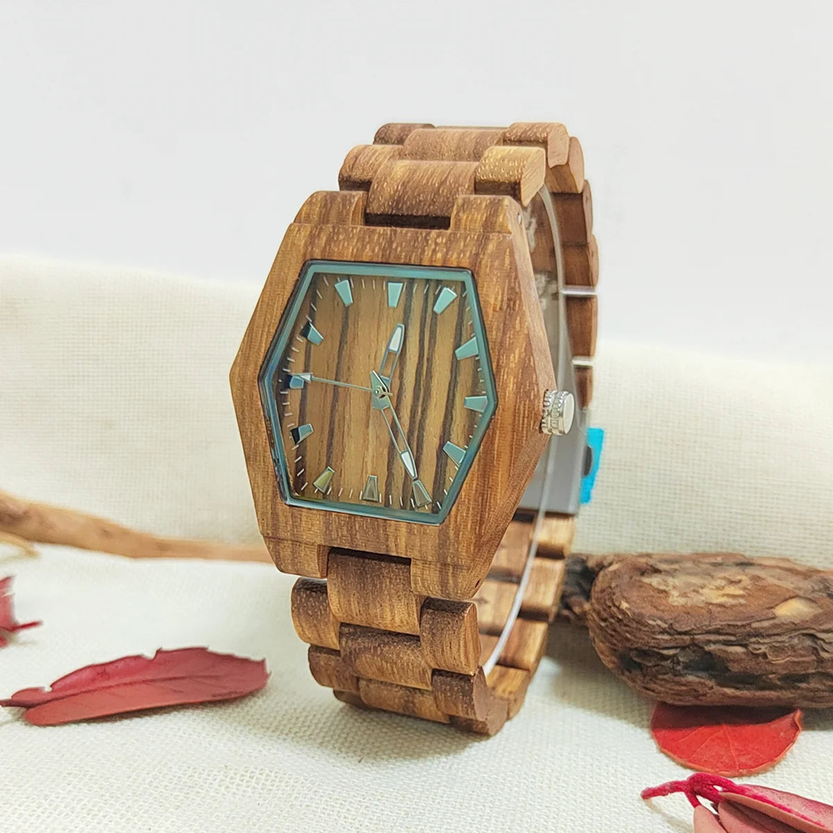 Women’s Natural Wooden Quartz Watch - Creative Hexagon Shaped Case With Luminous Hands