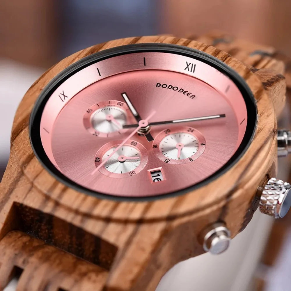 Women’s Luxury Wooden Watch with Chronograph Date and Quartz Movement