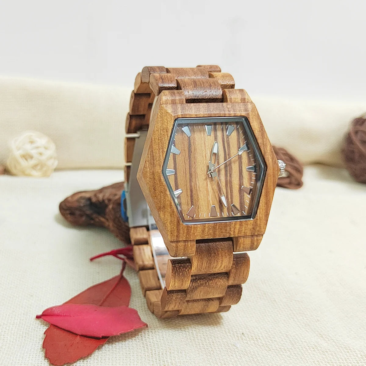 Women’s Natural Wooden Quartz Watch - Creative Hexagon Shaped Case With Luminous Hands